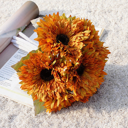 Realistic Faux Sunflower Bouquet with 6 Stems - Versatile Multi-Layered Decor for Home, Weddings, and Photography