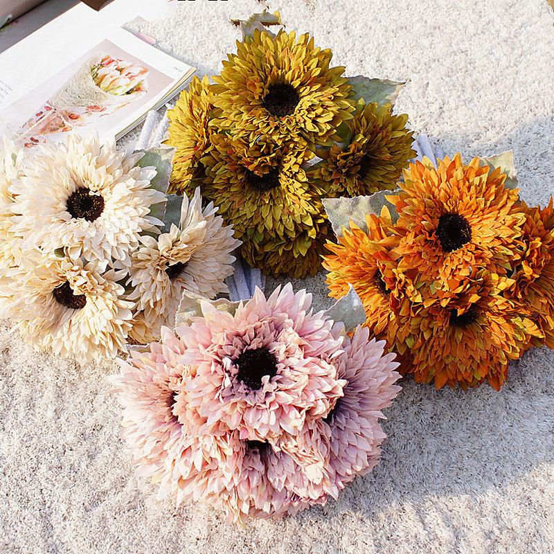 Realistic Faux Sunflower Bouquet with 6 Stems - Versatile Multi-Layered Decor for Home, Weddings, and Photography