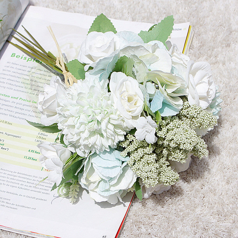 Beautiful Hydrangea and Dandelion Mini Rose Bouquet - Realistic Faux Flowers for Wedding, Home Decor, and Floral Arrangements