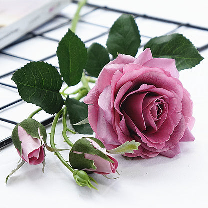 Realistic 3-Head Moisture-Infused Rose Faux Flowers - Perfect for Weddings, Home Decor, and Photography Props