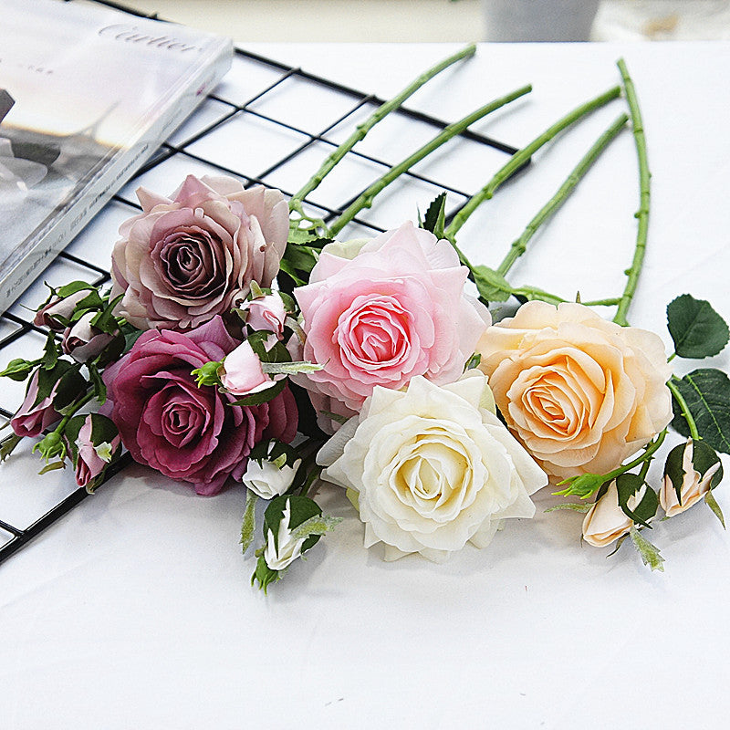 Realistic 3-Head Moisture-Infused Rose Faux Flowers - Perfect for Weddings, Home Decor, and Photography Props