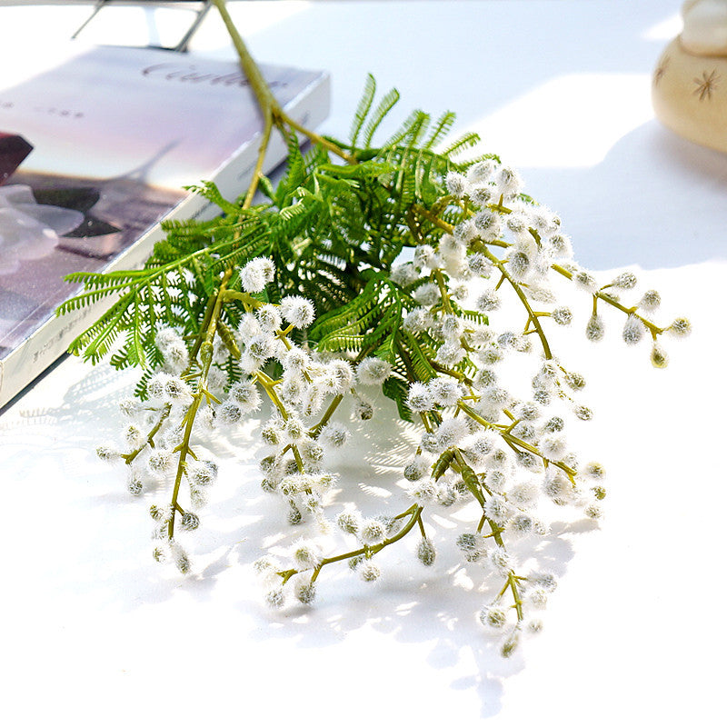 Single Stem 3-Pronged Artificial Fuzzy Acacia Bean Flower – Stunning Decorative Faux Floral Arrangements for Home, Retail Spaces, Hotels, Weddings, and Photography Props