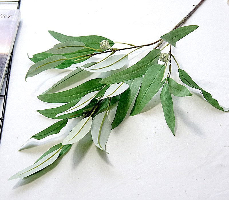 Long Branch 3-Pronged Eucalyptus Leaf & Fruit Stem - Realistic Silk Floral Arrangement for Home Décor, Weddings, and Photography Styling