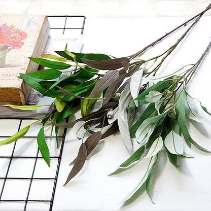 Long Branch 3-Pronged Eucalyptus Leaf & Fruit Stem - Realistic Silk Floral Arrangement for Home Décor, Weddings, and Photography Styling