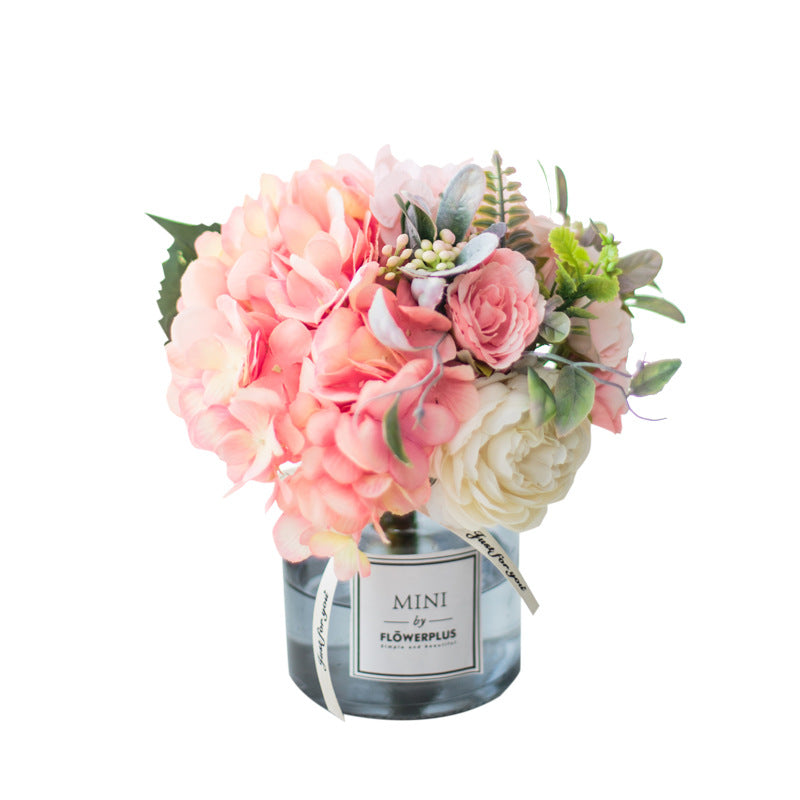 Stylish Transparent Flower Vase with Creative Hydrangea Faux Floral Arrangement - Ideal Home Décor for Living Rooms and Dining Tables