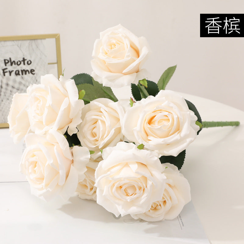 Luxury Silk Fabric 10-Head Realistic Rose Bouquet - Elegant French-Inspired Artificial Roses for Weddings and Bridal Bouquets