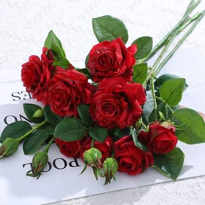 Realistic Touch 3-Head Rolled Edge Rose Bouquet - Perfect for Weddings and Home Décor, Lifelike Artificial Flowers for Living Room Decoration