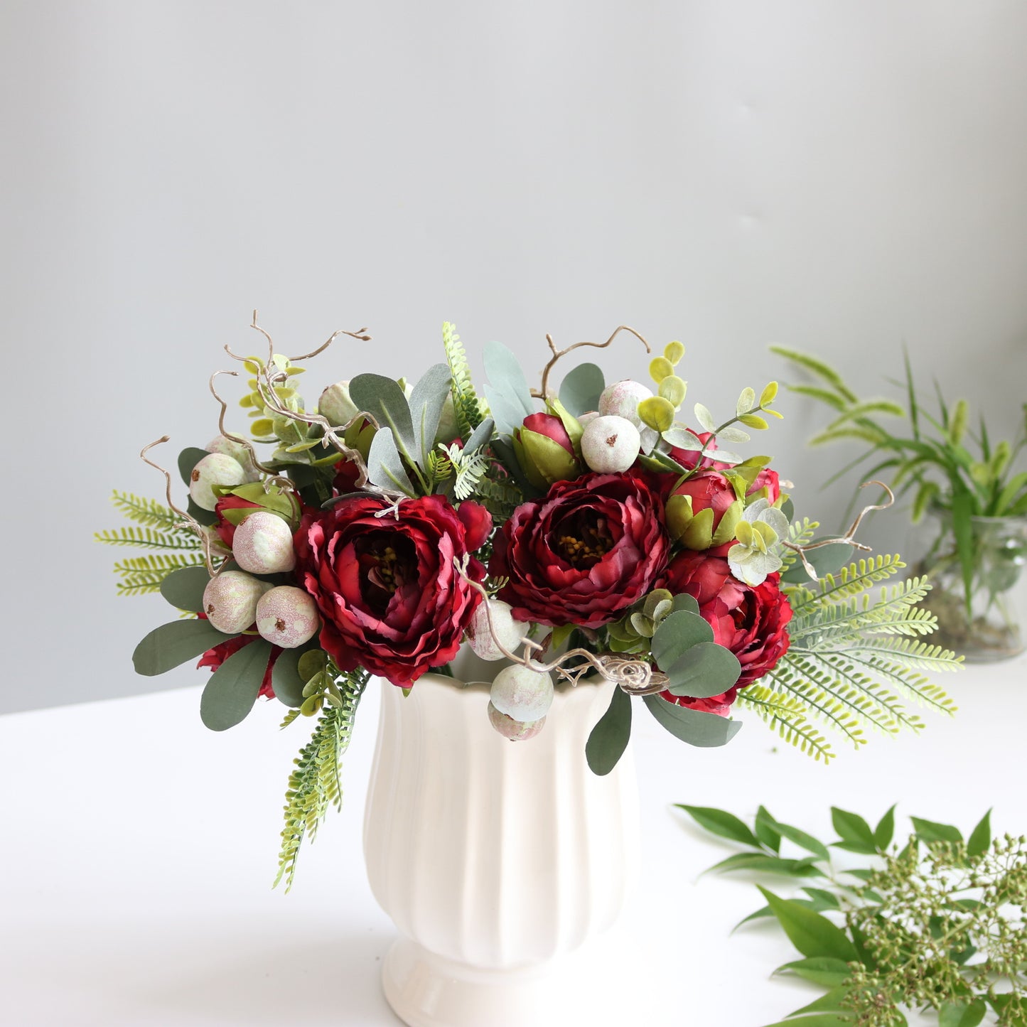 Elegant Scandinavian Bride's Floral Bouquet with Eucalyptus and Peony - Stunning Decorative Centerpiece for Dining Table and Coffee Table