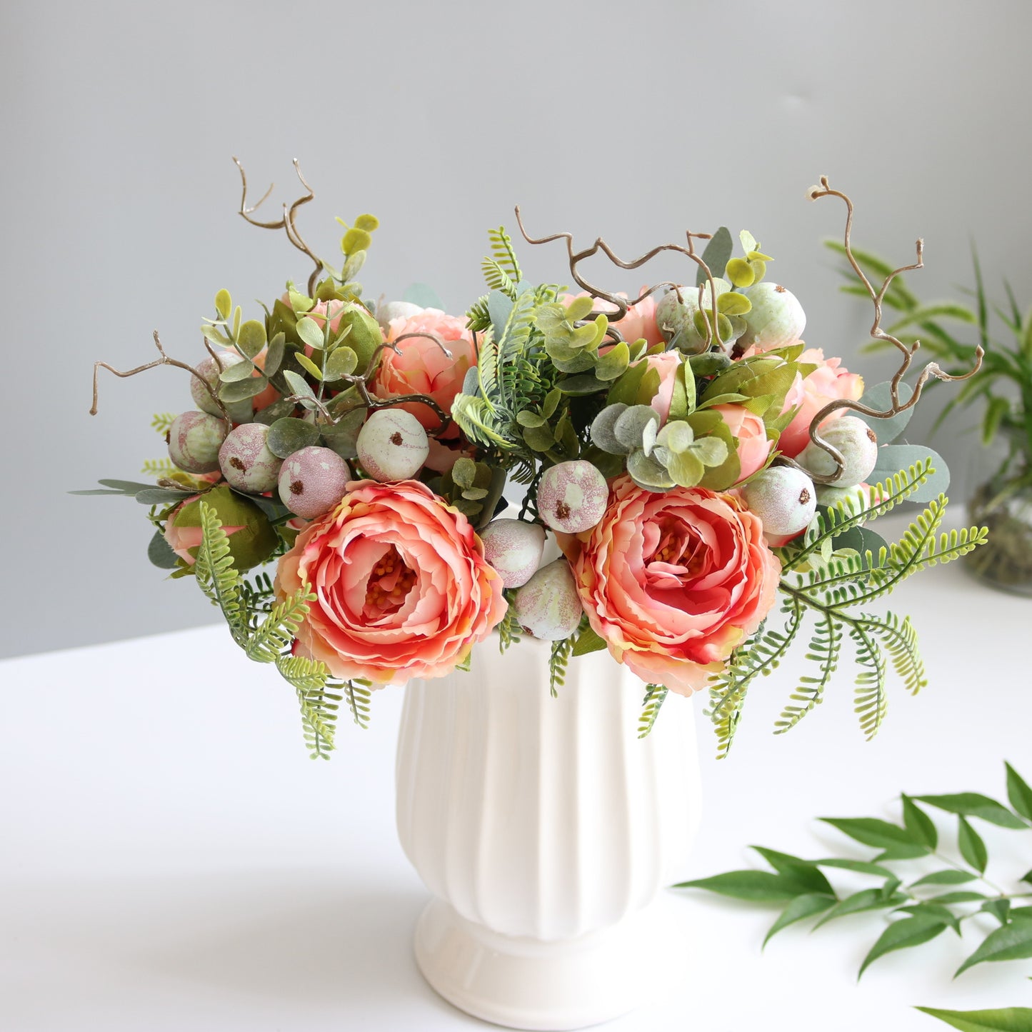 Elegant Scandinavian Bride's Floral Bouquet with Eucalyptus and Peony - Stunning Decorative Centerpiece for Dining Table and Coffee Table