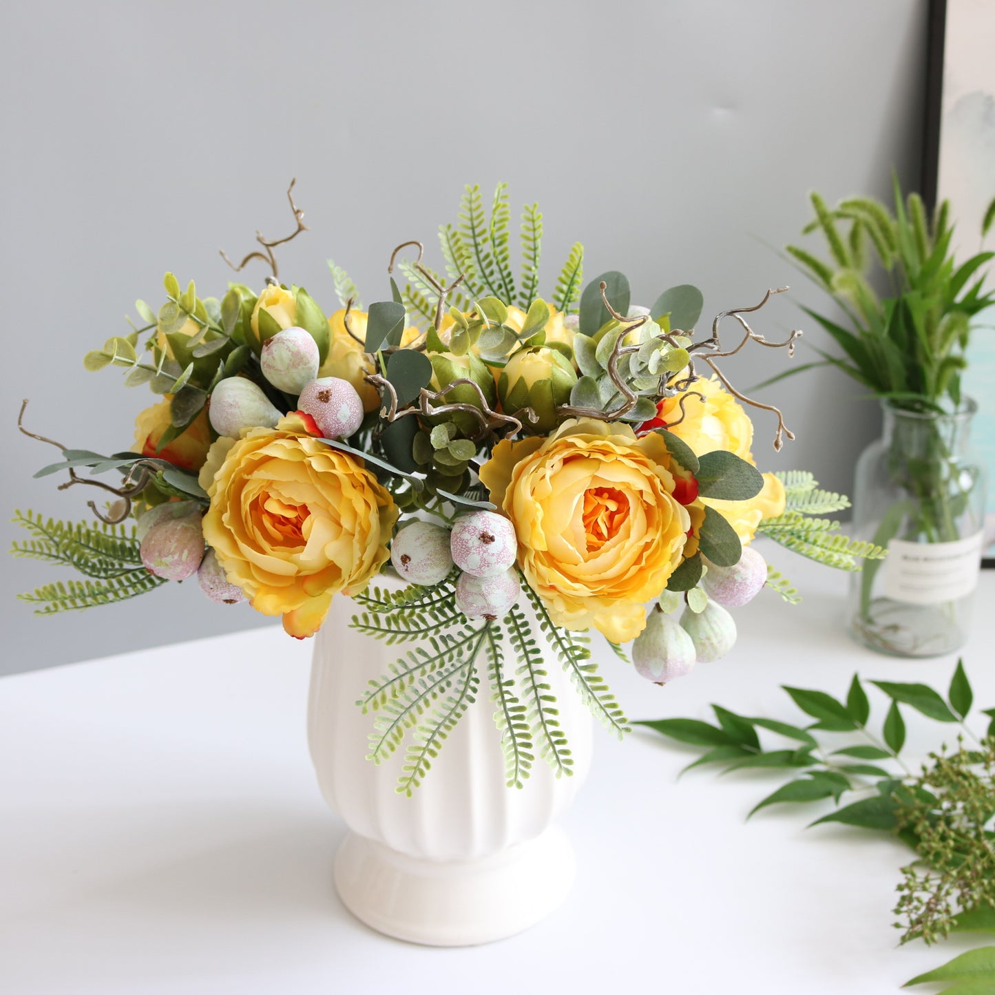 Elegant Scandinavian Bride's Floral Bouquet with Eucalyptus and Peony - Stunning Decorative Centerpiece for Dining Table and Coffee Table