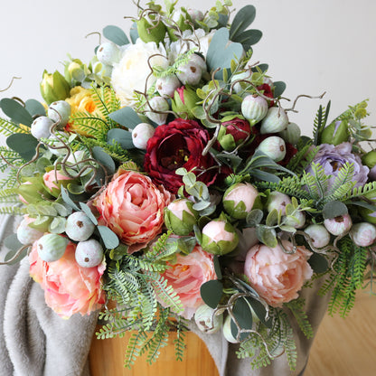 Elegant Scandinavian Bride's Floral Bouquet with Eucalyptus and Peony - Stunning Decorative Centerpiece for Dining Table and Coffee Table