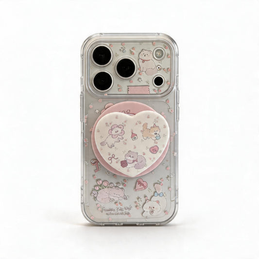 Pink Cat Floral Soft Phone Case with Stand for iPhone