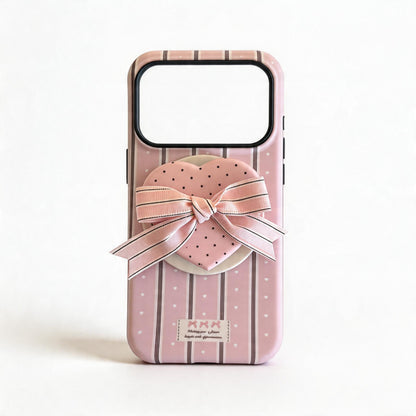 Cream Striped Heart Bow Soft Phone Case for iPhone