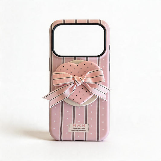 Cream Striped Heart Bow Soft Phone Case for iPhone