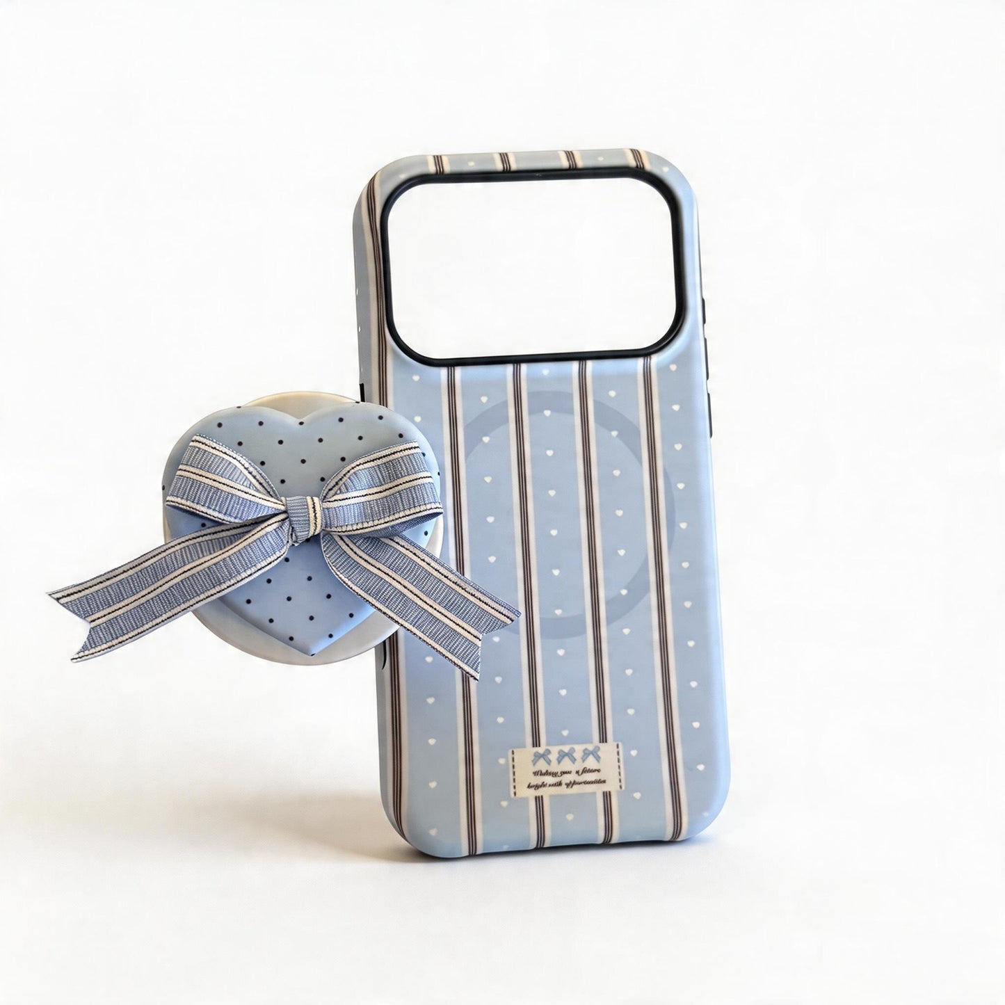 Cream Striped Heart Bow Soft Phone Case for iPhone