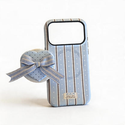 Cream Striped Heart Bow Soft Phone Case for iPhone