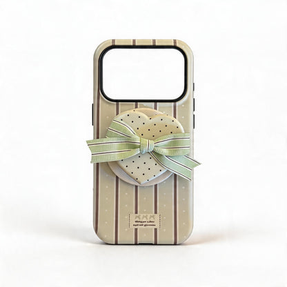 Cream Striped Heart Bow Soft Phone Case for iPhone