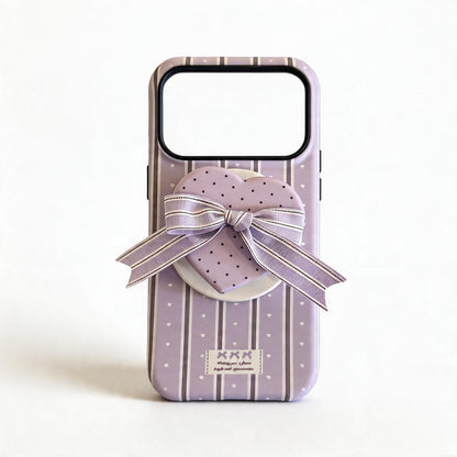 Cream Striped Heart Bow Soft Phone Case for iPhone
