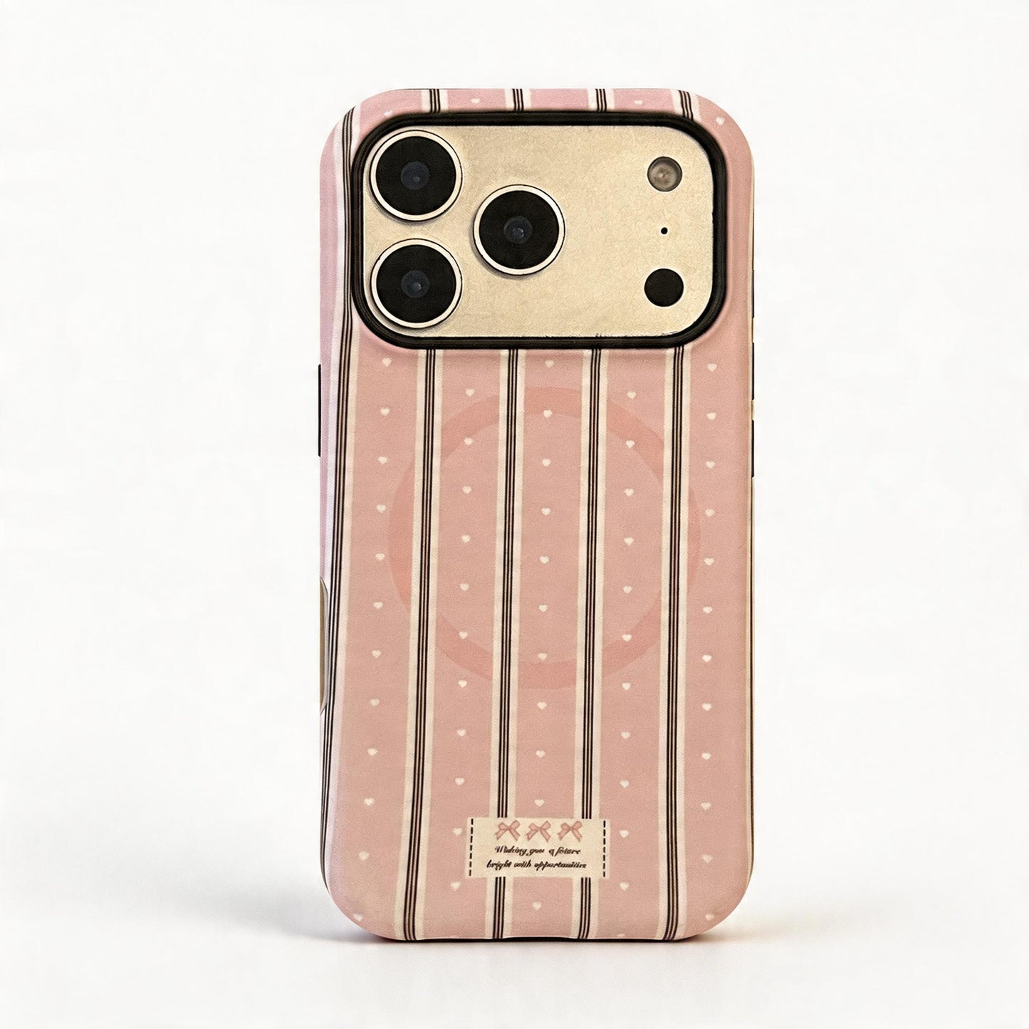Cream Striped Heart Bow Soft Phone Case for iPhone