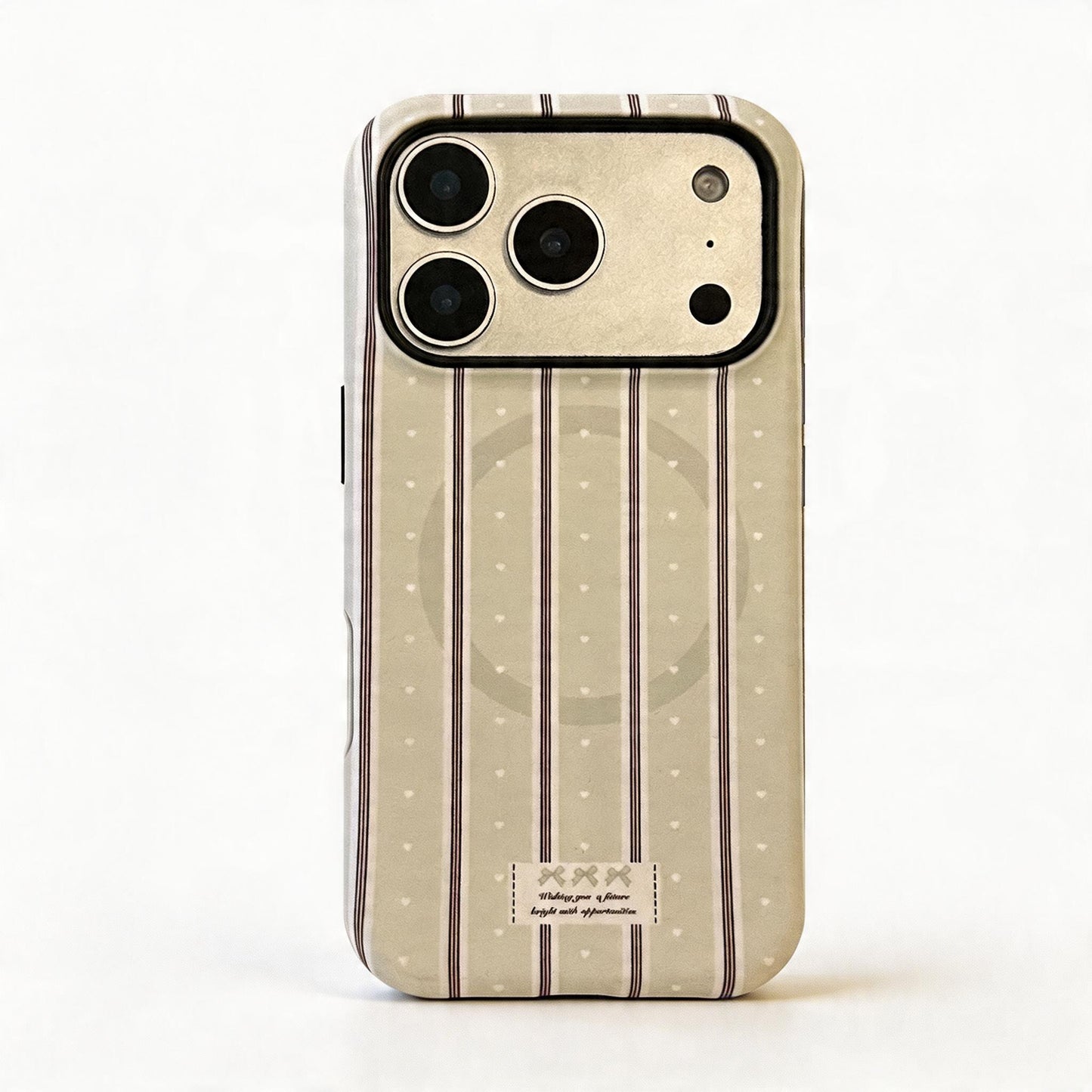 Cream Striped Heart Bow Soft Phone Case for iPhone