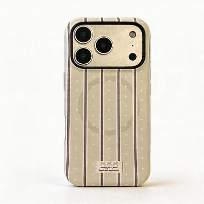 Cream Striped Heart Bow Soft Phone Case for iPhone