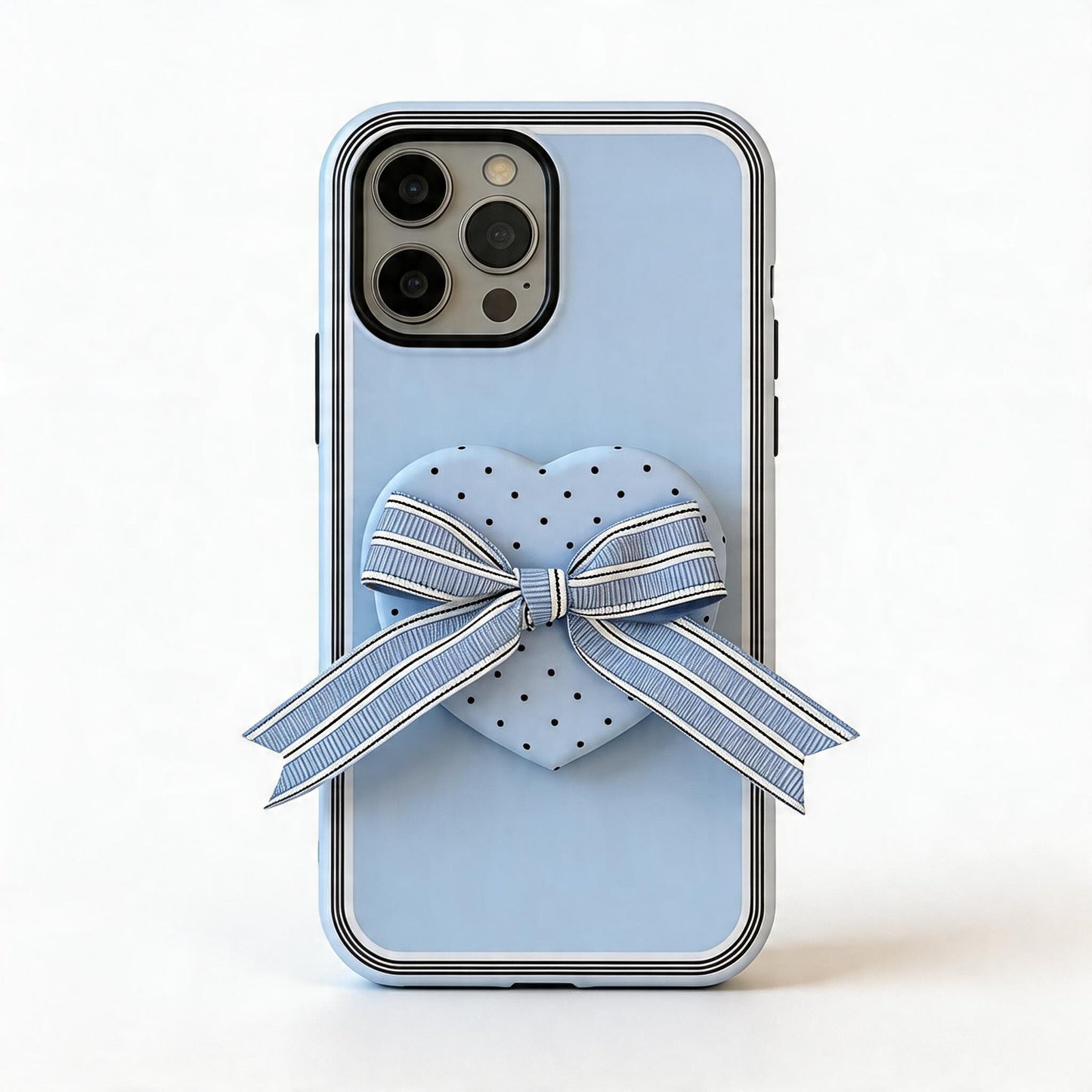 Cream Striped Heart Bow Soft Phone Case for iPhone