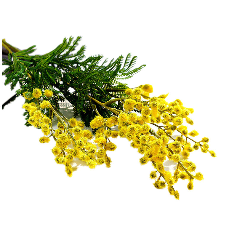 Single Stem 3-Pronged Artificial Fuzzy Acacia Bean Flower – Stunning Decorative Faux Floral Arrangements for Home, Retail Spaces, Hotels, Weddings, and Photography Props