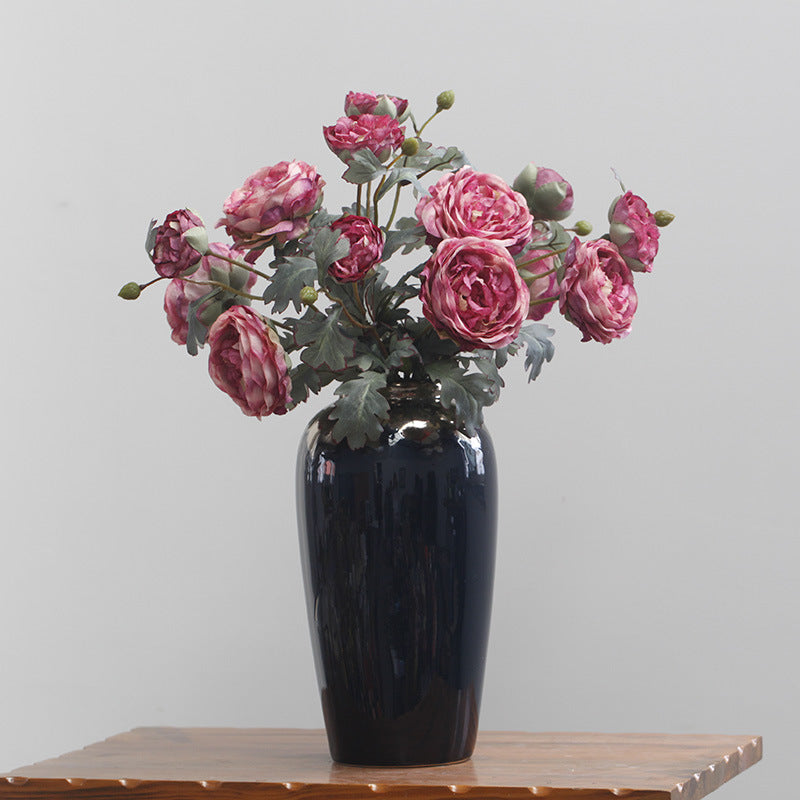 Lifelike Silk Floral Arrangement with Realistic Ranunculus and Retro Oil Painting Peonies - Perfect for Wedding, Home Décor, and Model Room Styling