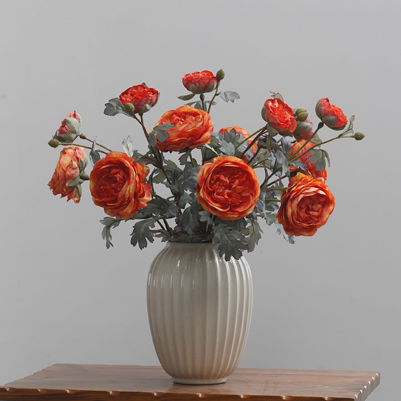 Lifelike Silk Floral Arrangement with Realistic Ranunculus and Retro Oil Painting Peonies - Perfect for Wedding, Home Décor, and Model Room Styling