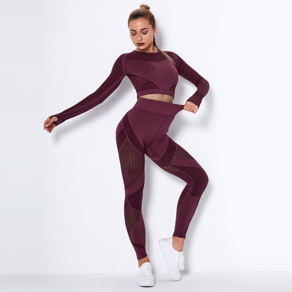 Seamless Mesh Quick Dry Long Sleeve Yoga Striped Running and Fitness Leggings Set for Active Workouts Breathable Comfort