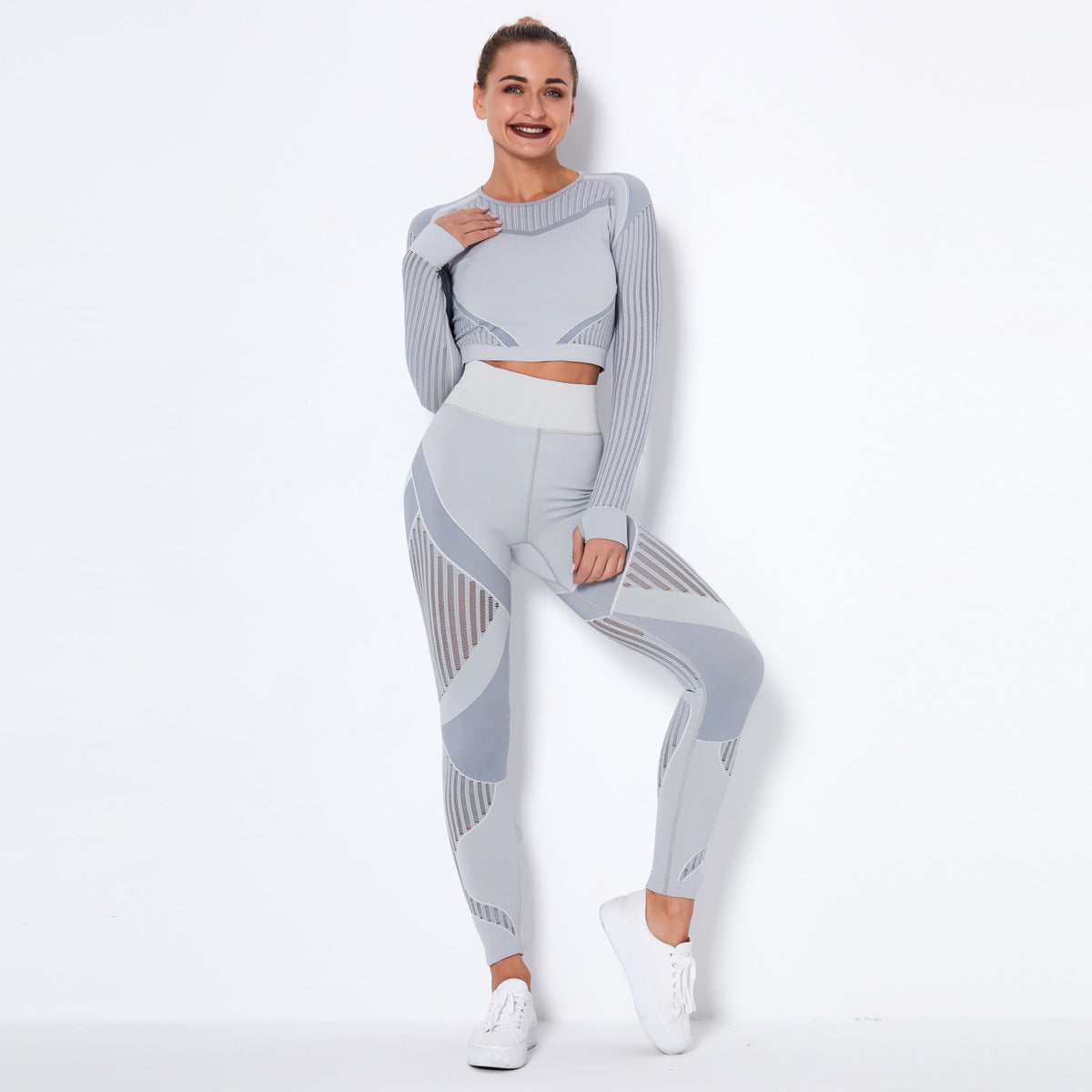 Seamless Mesh Quick Dry Long Sleeve Yoga Striped Running and Fitness Leggings Set for Active Workouts Breathable Comfort