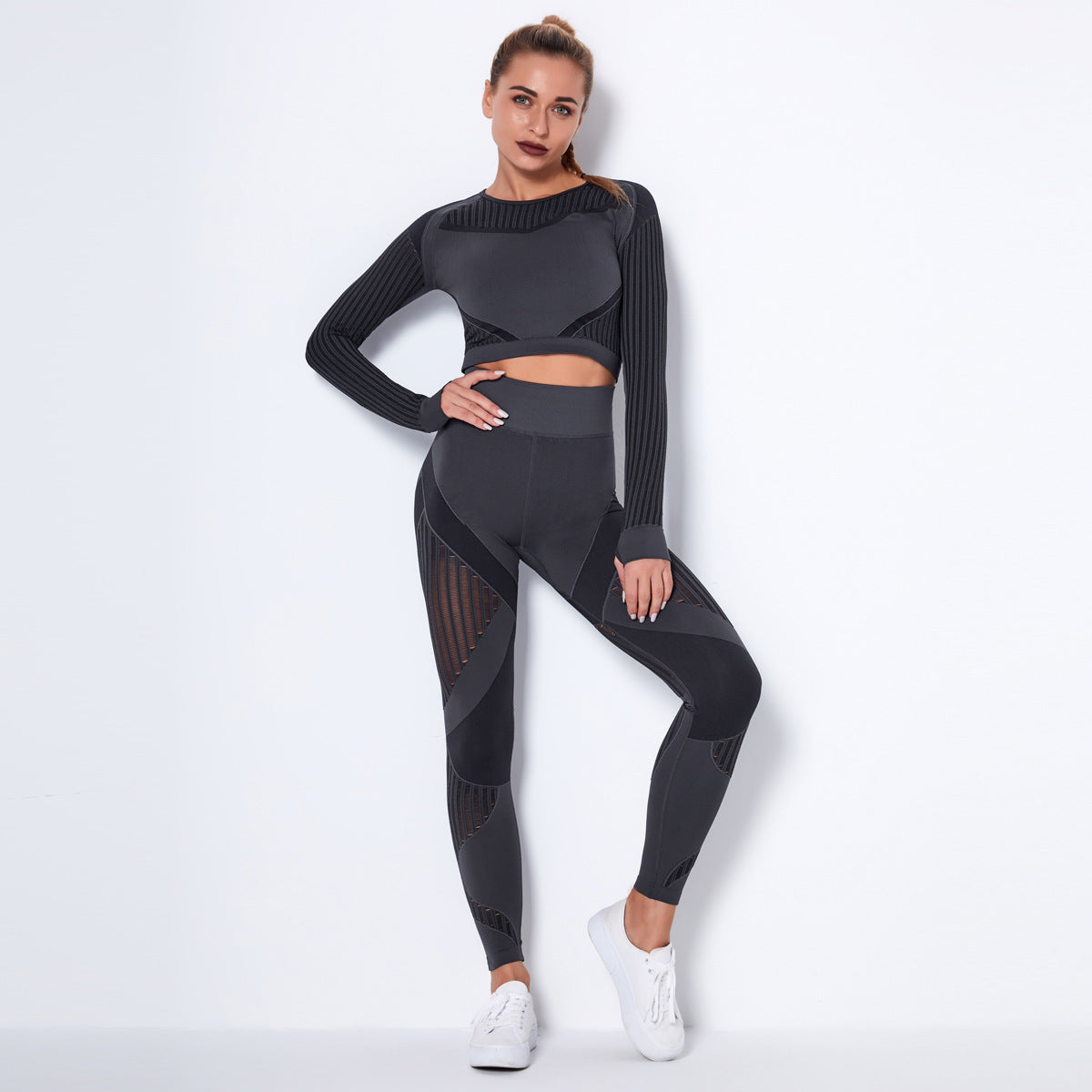 Seamless Mesh Quick Dry Long Sleeve Yoga Striped Running and Fitness Leggings Set for Active Workouts Breathable Comfort