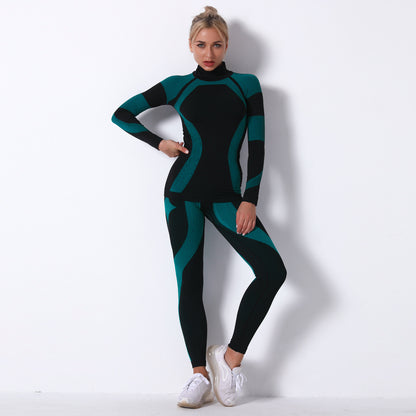 Seamless Knitted Striped Long Sleeve Yoga Set for Women Moisture Wicking Outdoor Fitness Wear for Gym and Yoga Enthusiasts