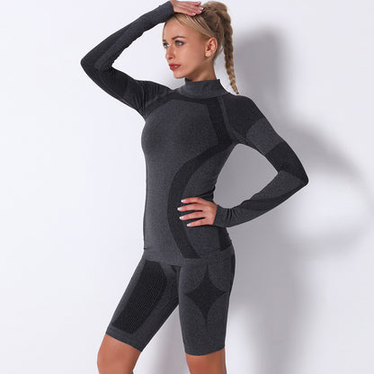 Seamless Knitted Striped Long Sleeve and Shorts Set Yoga Outfit and Fitness Wear for Comfort and Performance