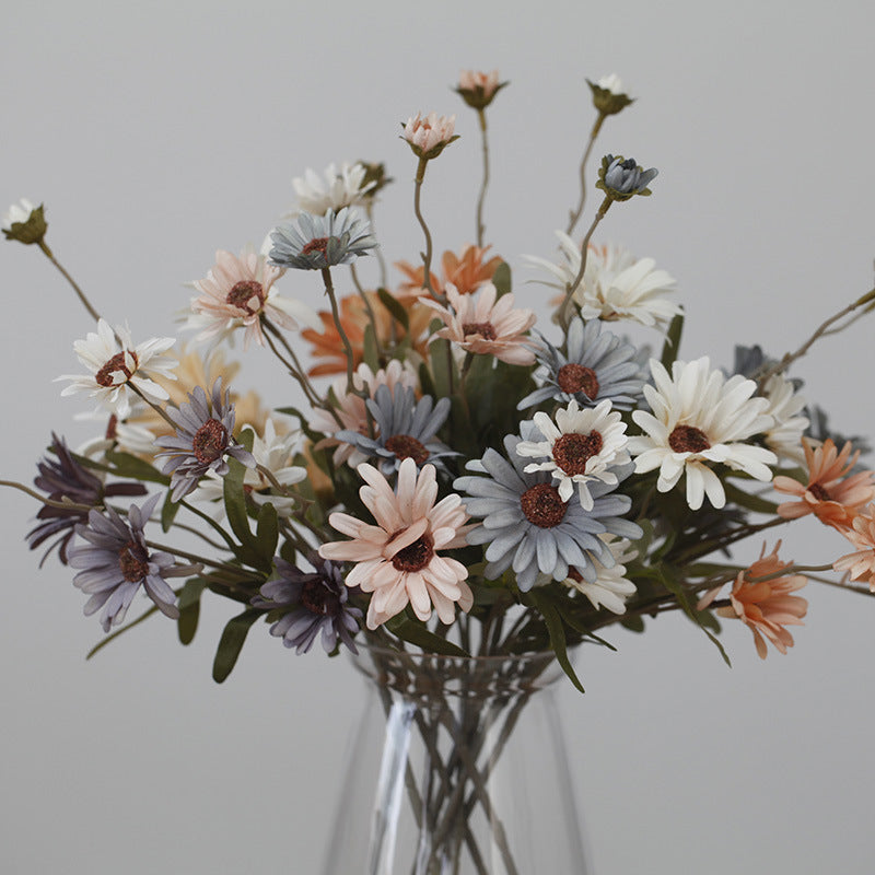 Charming Rustic Fall Floral Arrangement - 5-Head Chrysanthemum, Daisy, and Sunflower Bouquet Perfect for Vintage Photography Props and Handheld Flower Displays