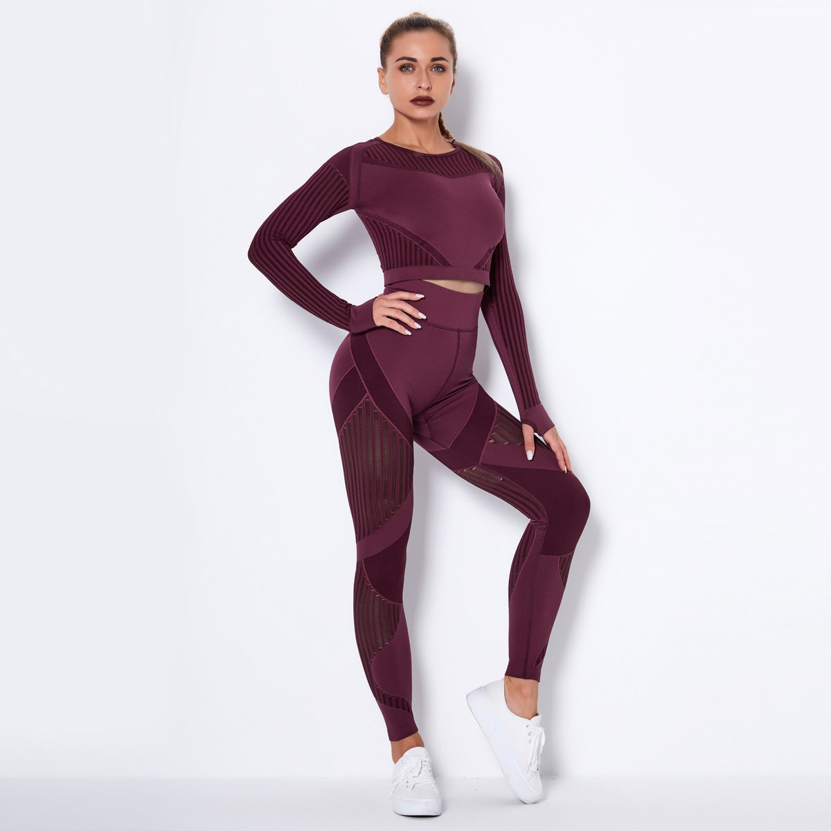 Seamless Striped Long Sleeve and Full Length Leggings Set for Women Quick Dry Yoga and Workout Outfit for Comfort and Style