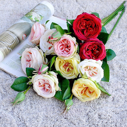 Realistic Artificial Rose Bouquet - 3 Head English Bud Roses for Home Décor, Photography, Weddings, and Event Decorations