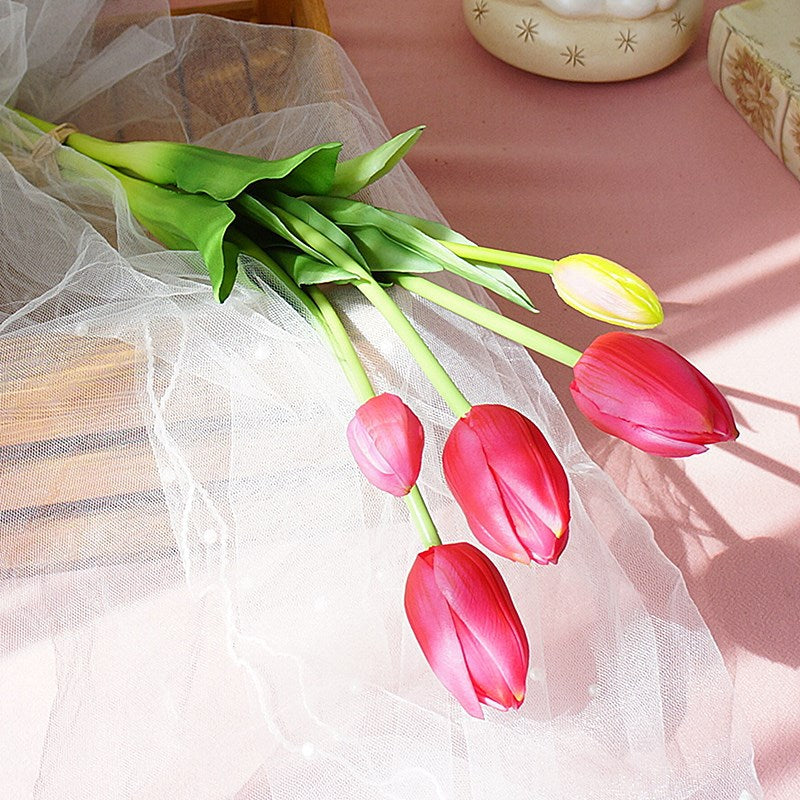 Stunning Artificial Tulip Bouquet - 5 Long-Stem Soft Gel Realistic Flowers for Home Décor, Photography, and Wedding Celebrations