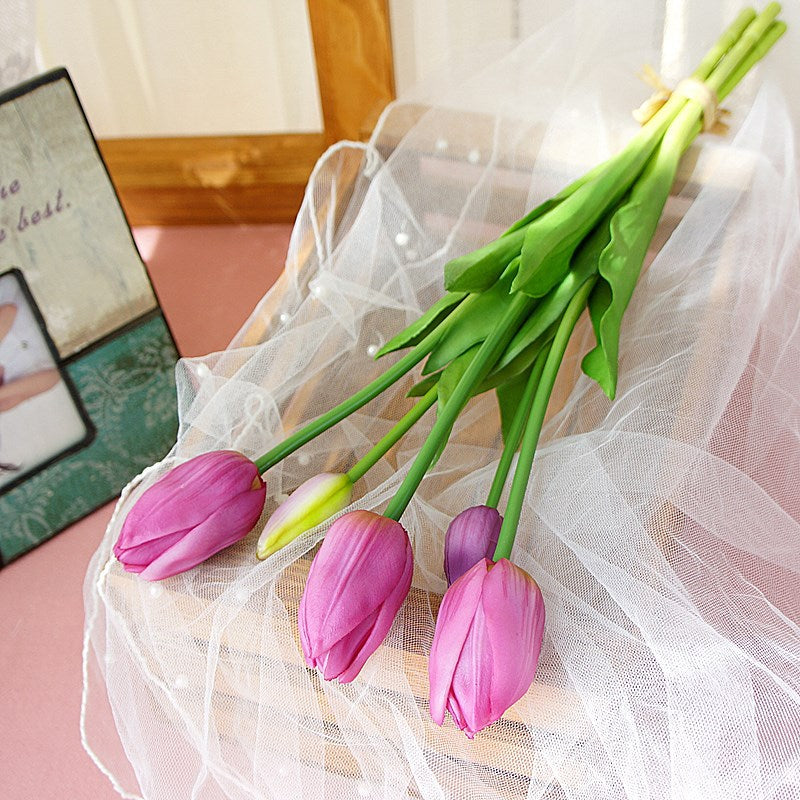 Stunning Artificial Tulip Bouquet - 5 Long-Stem Soft Gel Realistic Flowers for Home Décor, Photography, and Wedding Celebrations