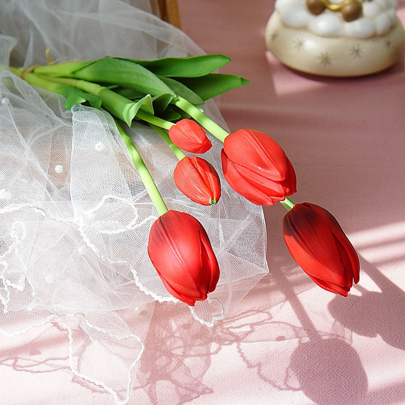 Stunning Artificial Tulip Bouquet - 5 Long-Stem Soft Gel Realistic Flowers for Home Décor, Photography, and Wedding Celebrations