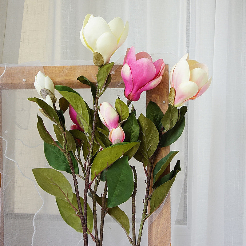 Luxurious Long-Stemmed 3-Head Artificial Magnolia Flowers – Realistic Faux Floral Arrangements for Home, Hotels, and Event Decorations