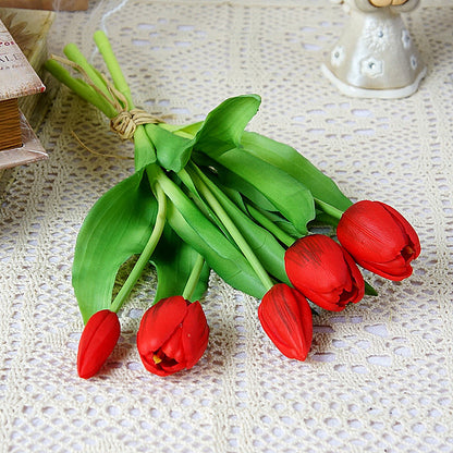 5 Stem Soft Plastic Tulip Bouquet - Realistic Faux Flowers for Home Decor, Photography Props, and Wedding Celebrations