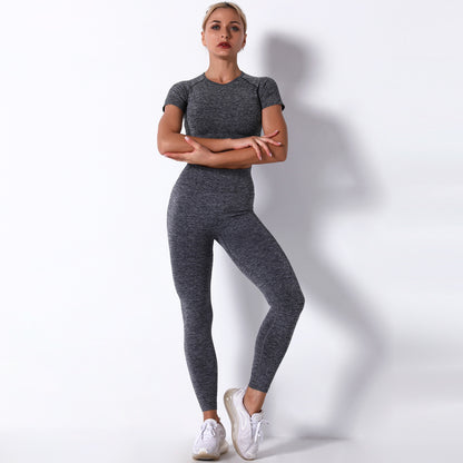 Seamless Knitted Women's Fitness Set Short Sleeve T Shirt and Long Pants Yoga Outfit for Comfort and Performance