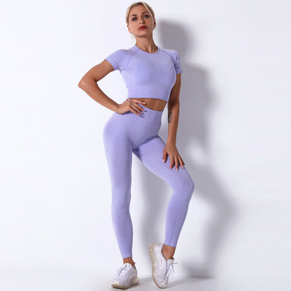 Seamless Knitted Women's Fitness Set Short Sleeve T Shirt and Long Pants Yoga Outfit for Comfort and Performance