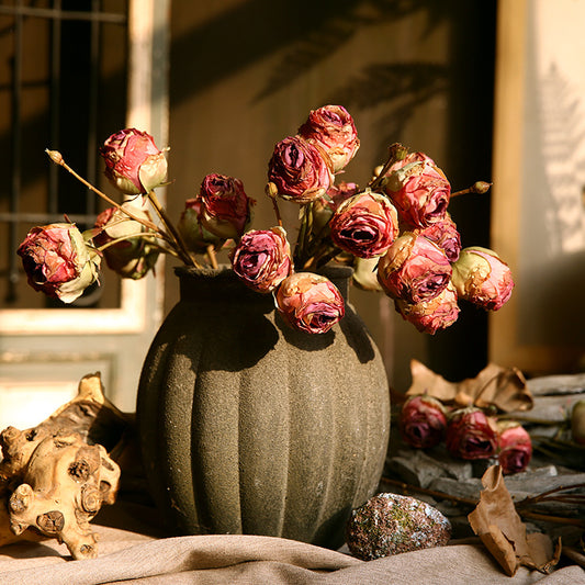 Vintage-Inspired Triple-Headed Dried Flower Roses in Autumn Tones - Stunning American Art Décor for Living Room | Exquisite Home Arrangement and Floral Design