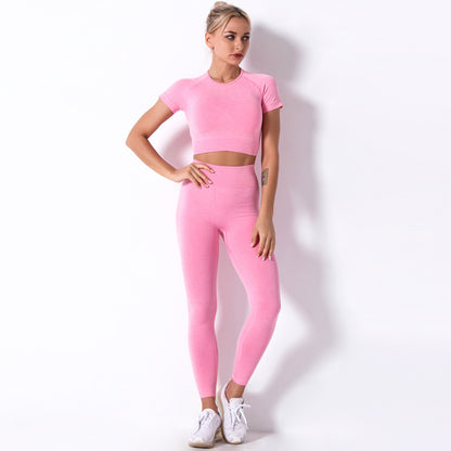 Seamless Knitted Women's Fitness Set Short Sleeve T Shirt and Long Pants Yoga Outfit for Comfort and Performance