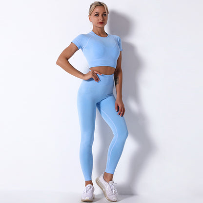 Seamless Knit Running and Fitness Short Sleeve Set High Elasticity Butt Lifting Quick Dry and Breathable Yoga Outfit for Comfort and Performance