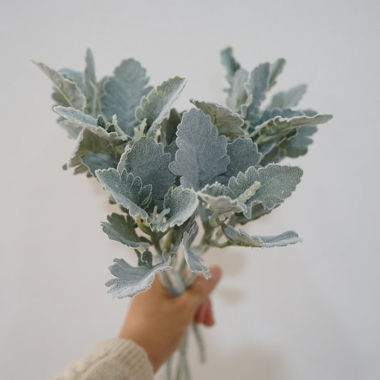 Stylish Gray Faux Plant with Silver Leaf Daisy and Velvet-like Horned Leaf - Perfect Home Decor Accent for Versatile Greenery Arrangements