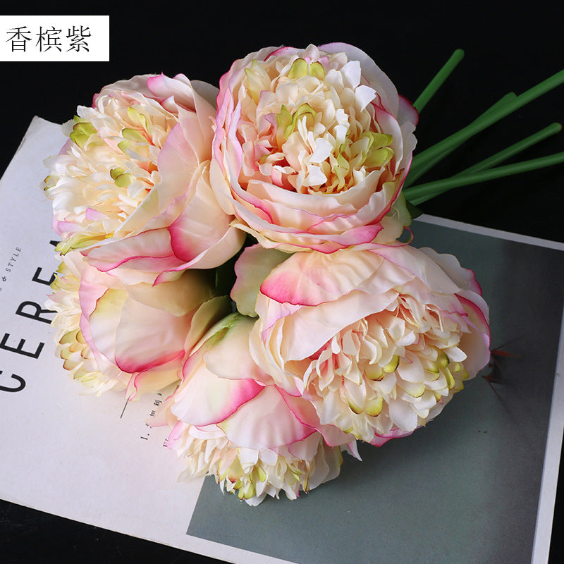 Realistic 5-Head Silk Peony Bridal Bouquet - Stunning Faux Flower Handheld Bouquet for Weddings and Celebrations