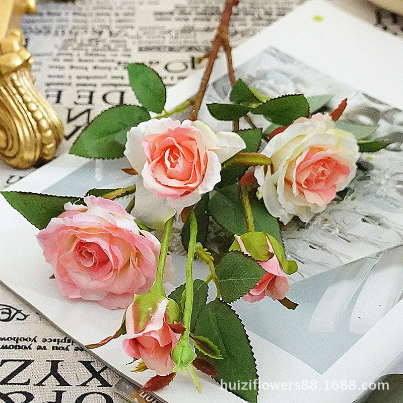 Elegant Multi-Head Faux Rose Single Stem - Realistic Artificial Floral Decor for Home, Weddings, and Photography - Style L047